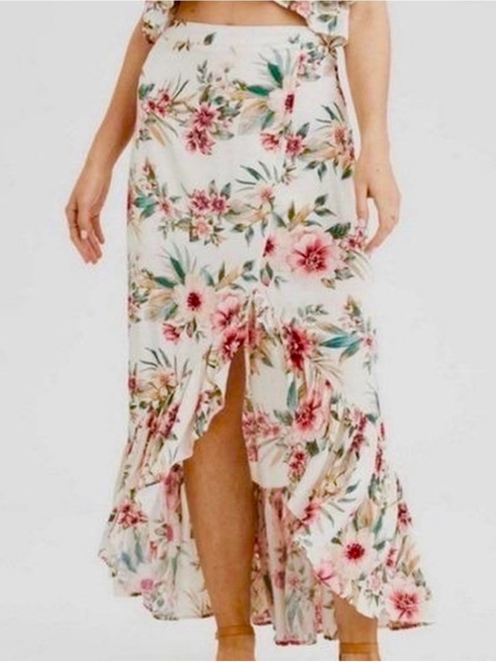 American Eagle Outfitters White Maxi Skirt with Pink Floral Print